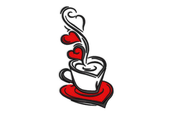 Coffee Cup and Hearts Embroidery